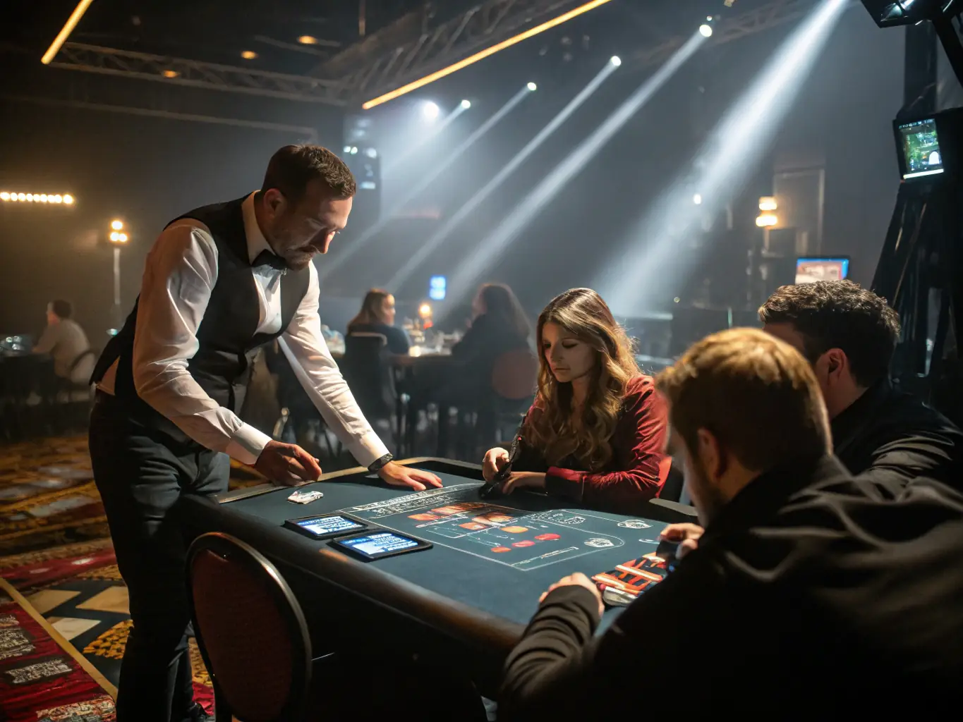 A visually appealing image of a live casino table with a professional dealer, high-definition video streaming, and interactive elements, creating an immersive and realistic casino atmosphere.